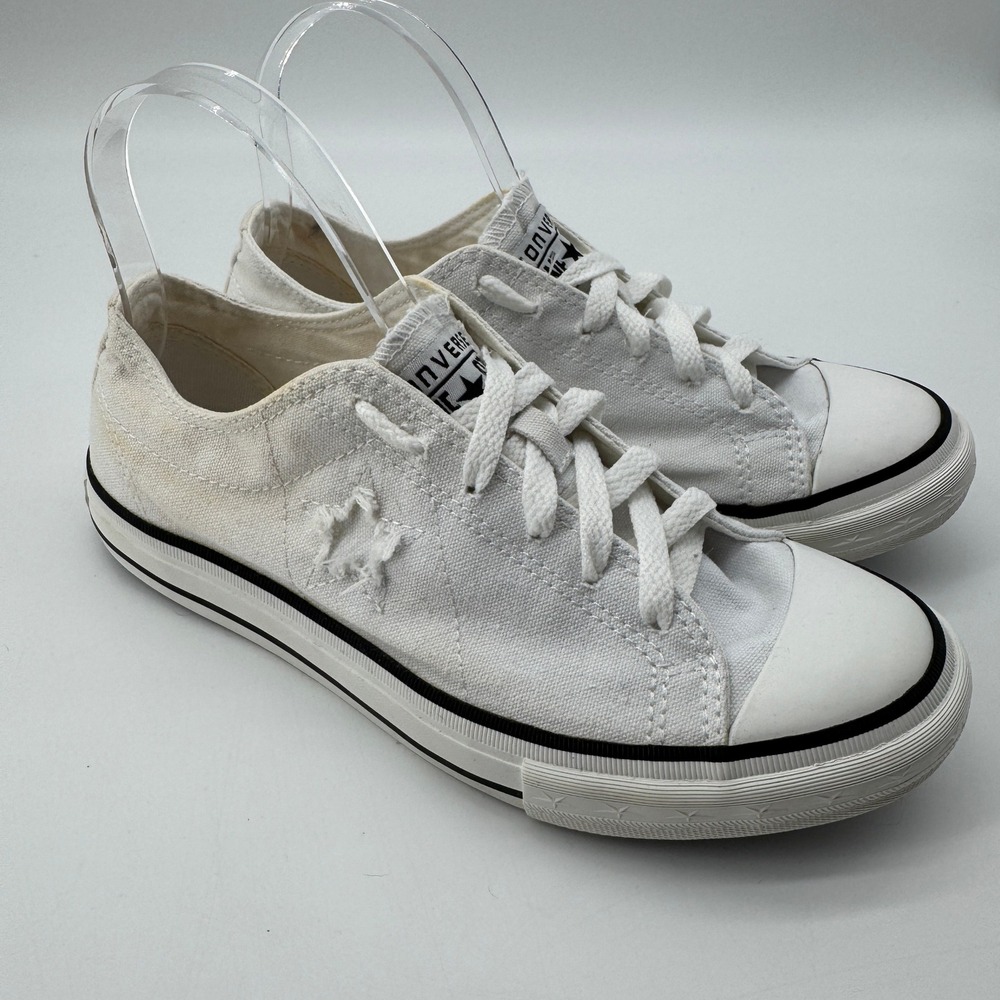 Converse One Star Sneakers Womens 8 White Canvas Low Top Distressed FLAW - Picture 2 of 12